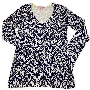 Lilly Pulitzer Coral Reef Print Sweater Women M Blue White Cotton‎ Stretch VNeck